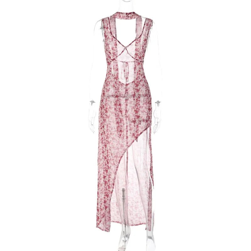 Halter Maxi Dress Backless Floral Print Chiffon Beach Vacation Style Elegant Resort Wear - SN Wigs & More
