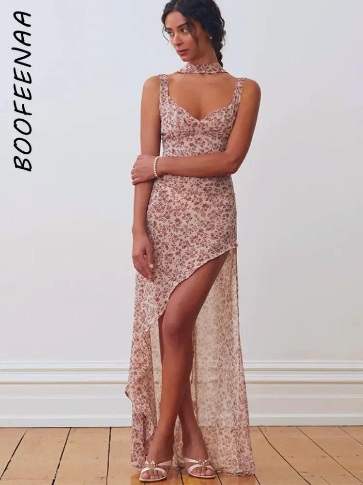 Halter Maxi Dress Backless Floral Print Chiffon Beach Vacation Style Elegant Resort Wear - SN Wigs & More