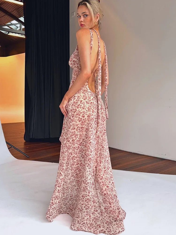 Halter Maxi Dress Backless Floral Print Chiffon Beach Vacation Style Elegant Resort Wear - SN Wigs & More
