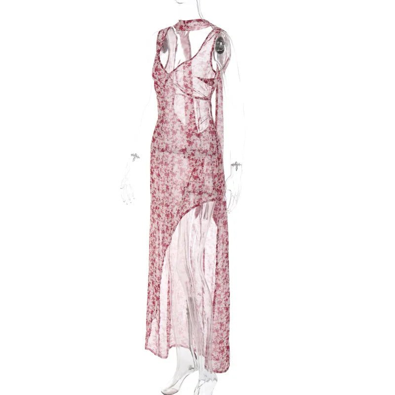 Halter Maxi Dress Backless Floral Print Chiffon Beach Vacation Style Elegant Resort Wear - SN Wigs & More