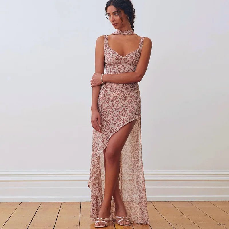 Halter Maxi Dress Backless Floral Print Chiffon Beach Vacation Style Elegant Resort Wear - SN Wigs & More