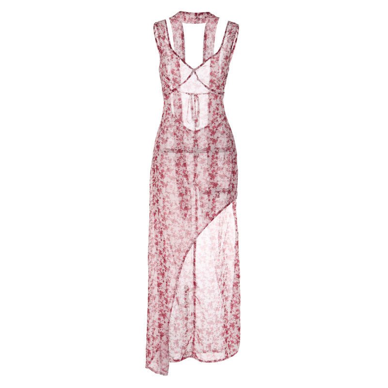 Halter Maxi Dress Backless Floral Print Chiffon Beach Vacation Style Elegant Resort Wear - SN Wigs & More