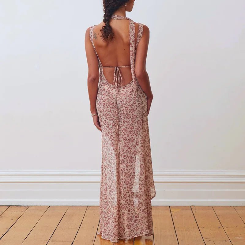 Halter Maxi Dress Backless Floral Print Chiffon Beach Vacation Style Elegant Resort Wear - SN Wigs & More