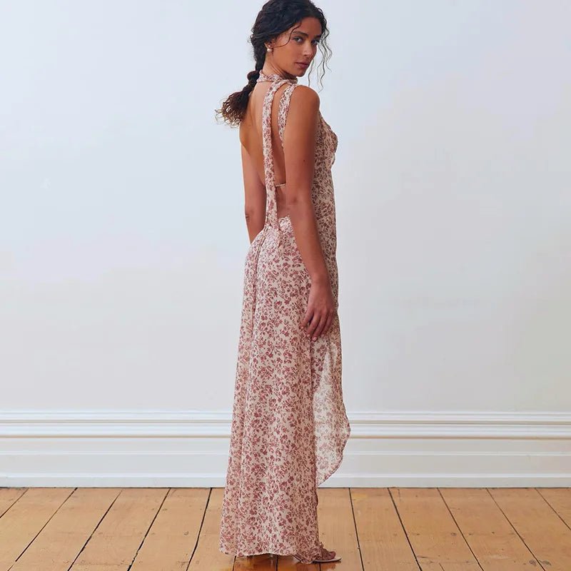 Halter Maxi Dress Backless Floral Print Chiffon Beach Vacation Style Elegant Resort Wear - SN Wigs & More