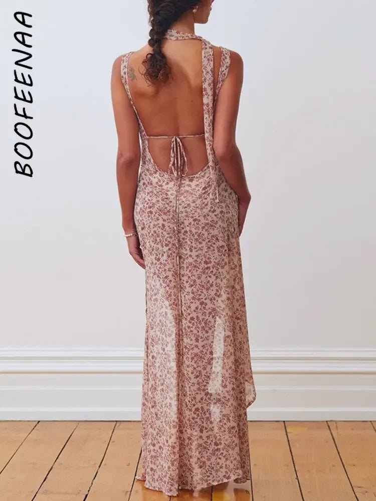 Halter Maxi Dress Backless Floral Print Chiffon Beach Vacation Style Elegant Resort Wear - SN Wigs & More