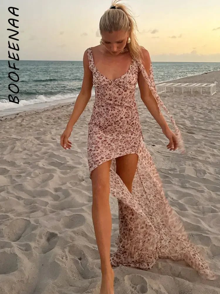 Halter Maxi Dress Backless Floral Print Chiffon Beach Vacation Style Elegant Resort Wear - SN Wigs & More