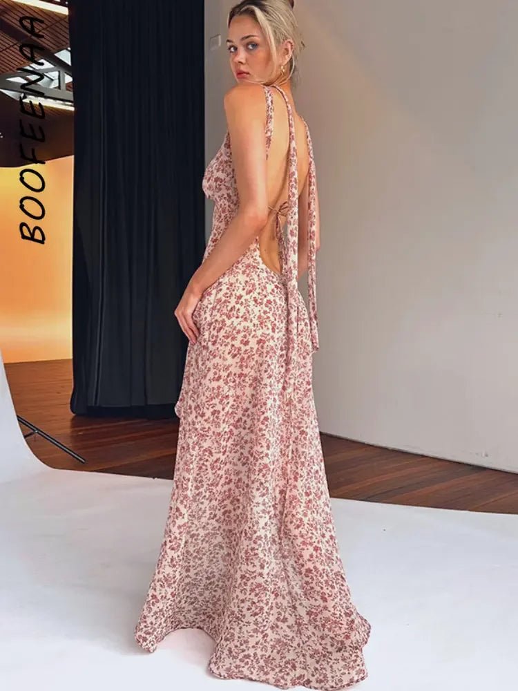 Halter Maxi Dress Backless Floral Print Chiffon Beach Vacation Style Elegant Resort Wear - SN Wigs & More