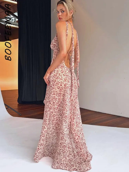 Halter Maxi Dress Backless Floral Print Chiffon Beach Vacation Style Elegant Resort Wear - SN Wigs & More
