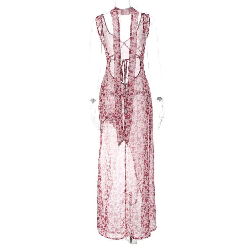Halter Maxi Dress Backless Floral Print Chiffon Beach Vacation Style Elegant Resort Wear - SN Wigs & More