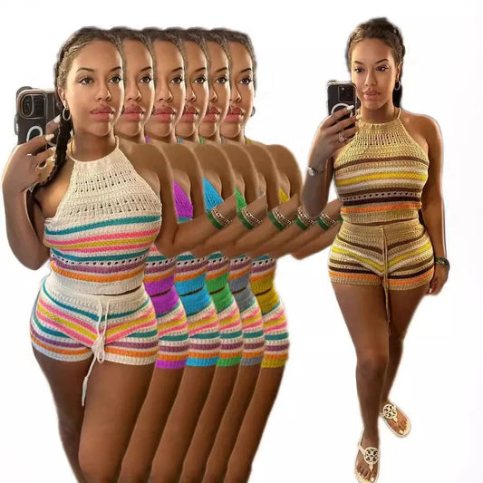 Halter Top Knitted Summer Sets Women 2 Piece Sets Summer 2024 New Arrival Leisure Two Piece Knit Short and Crop Set