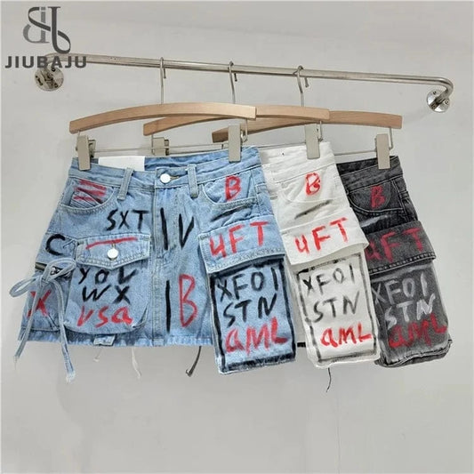 Hand-Painted Graffiti Pocket Denim Skirt Women 2024 Spring Summer New Stitching A- Line Short Skirt