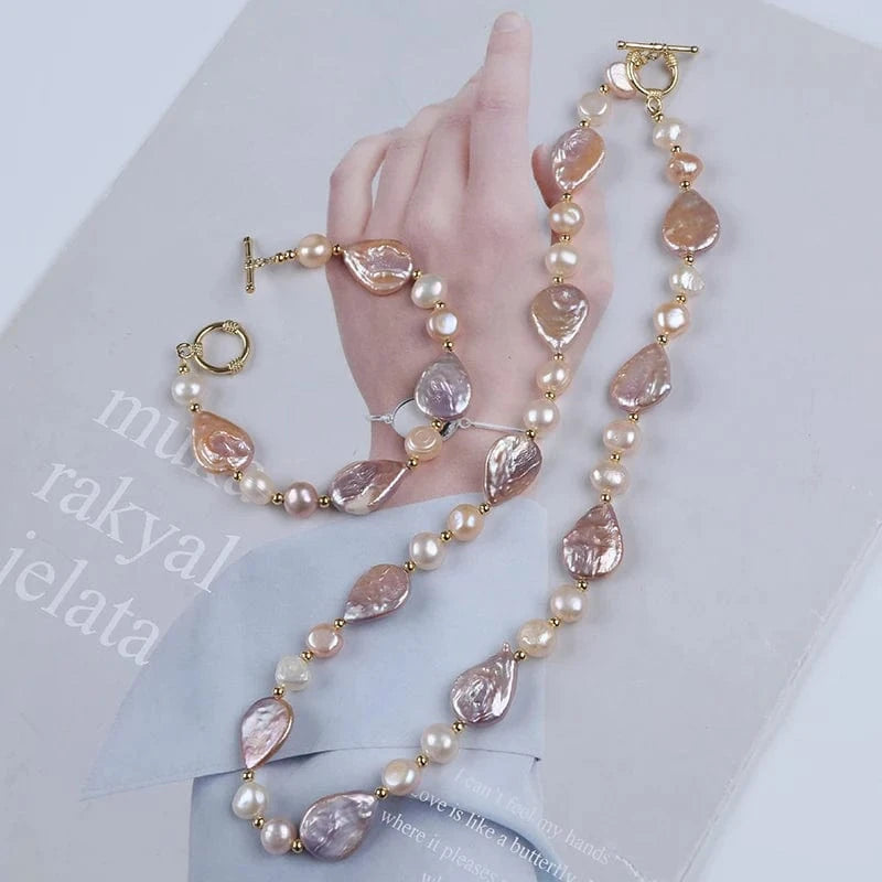 Handmade 18k gold plated drop shape freshwater pearl beads women jewelry set