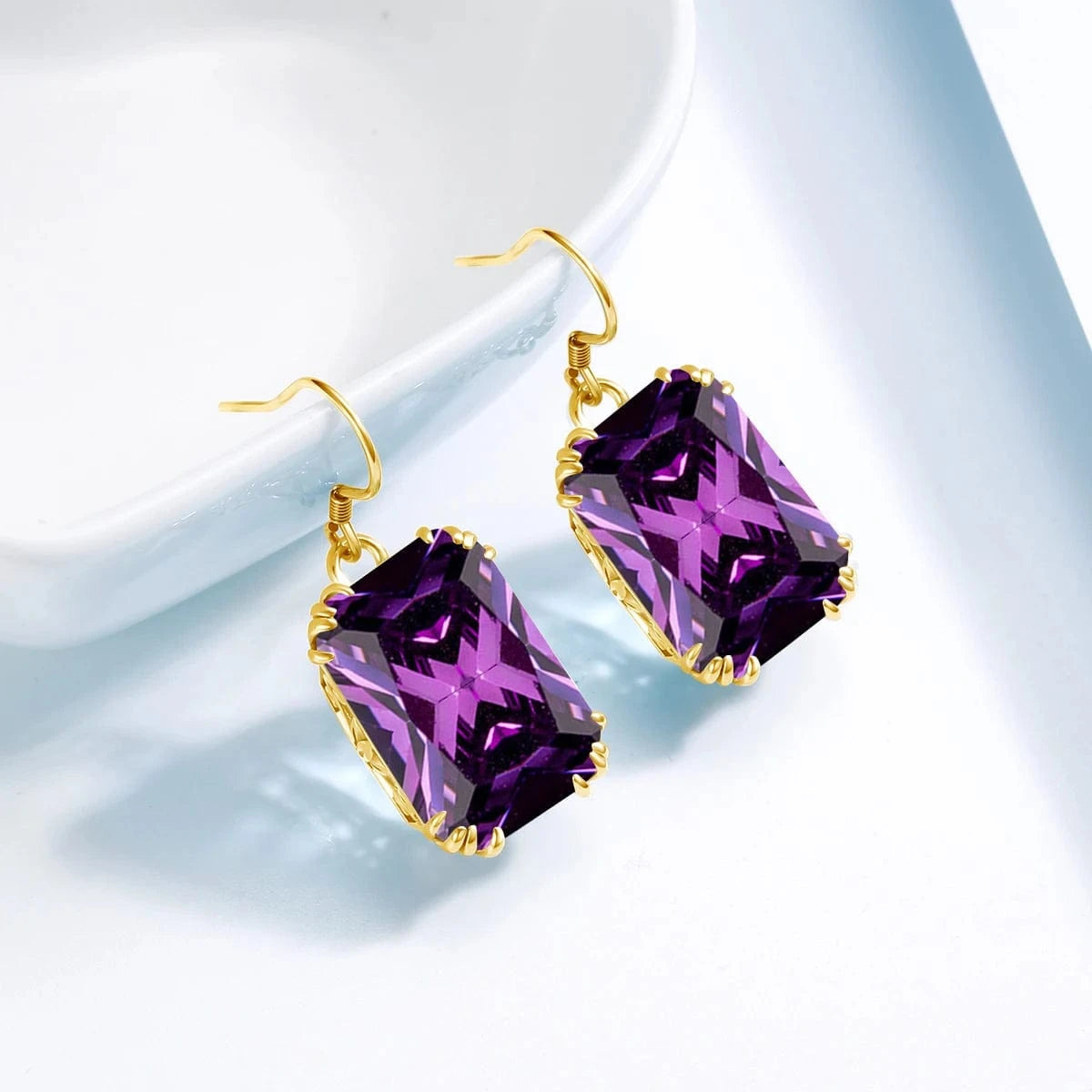 Handmade 18K Gold Square Amethyst Earrings  Women Wedding Party  Real Pure 925 Sterling Silver long earrings jewelry