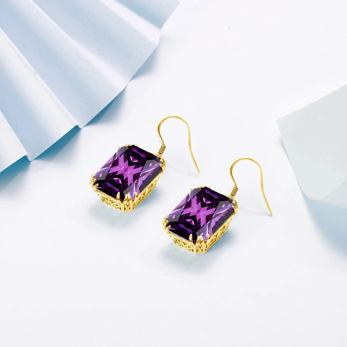 Handmade 18K Gold Square Amethyst Earrings  Women Wedding Party  Real Pure 925 Sterling Silver long earrings jewelry