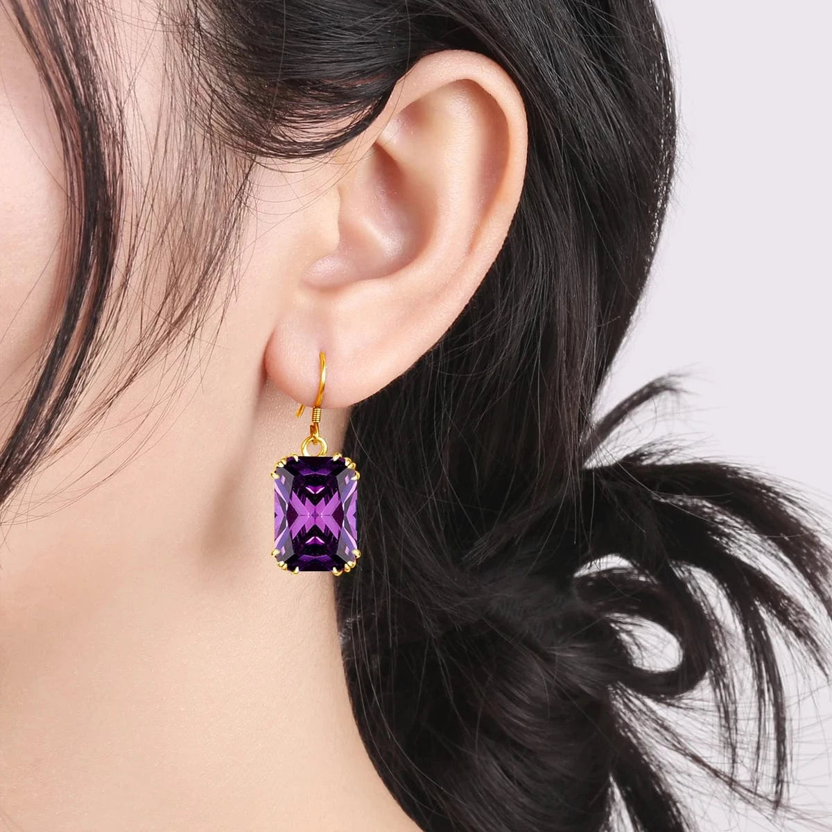 Handmade 18K Gold Square Amethyst Earrings  Women Wedding Party  Real Pure 925 Sterling Silver long earrings jewelry