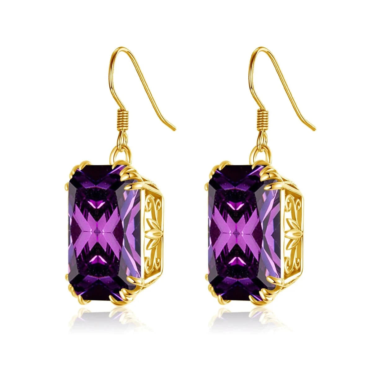 Handmade 18K Gold Square Amethyst Earrings  Women Wedding Party  Real Pure 925 Sterling Silver long earrings jewelry