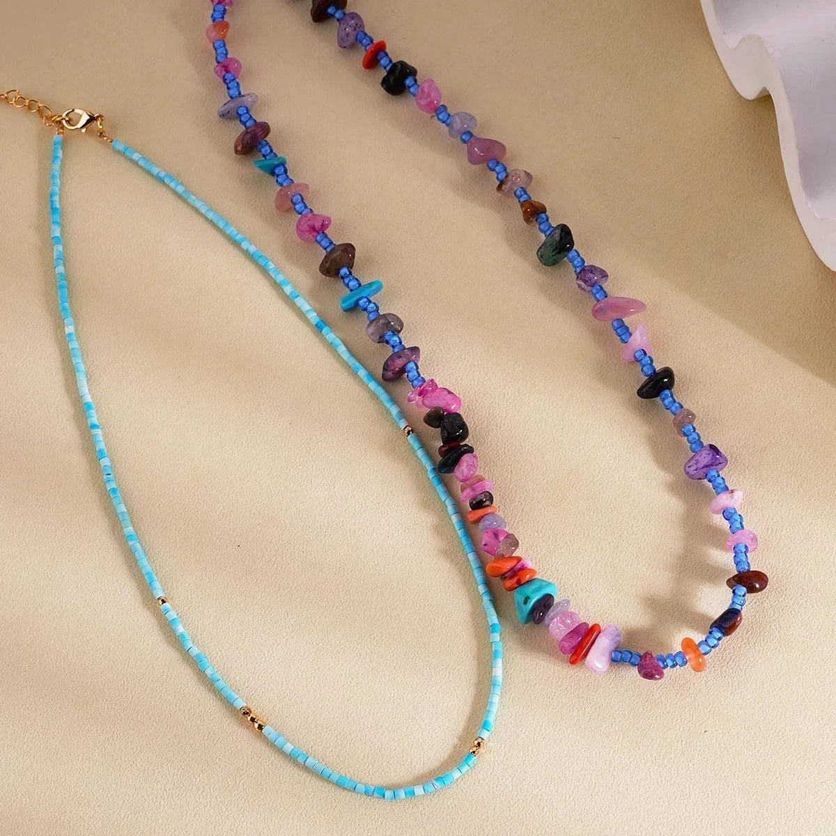 handmade colorful bohemian layers glass seed beads plastic beads stone chips beads charm multiple 2 layered necklace jewelry
