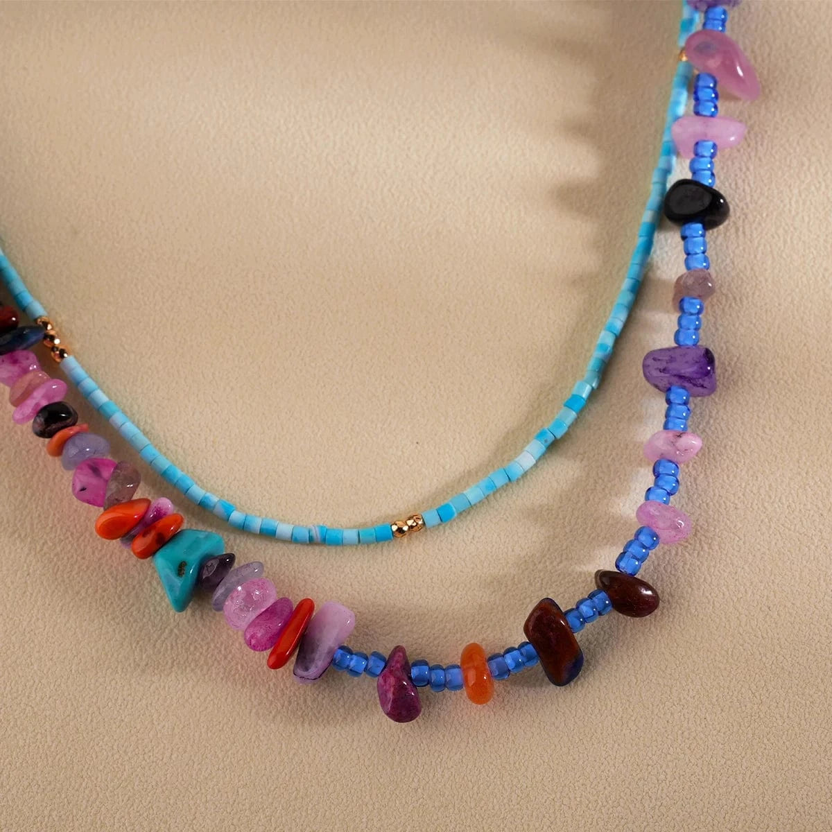 handmade colorful bohemian layers glass seed beads plastic beads stone chips beads charm multiple 2 layered necklace jewelry