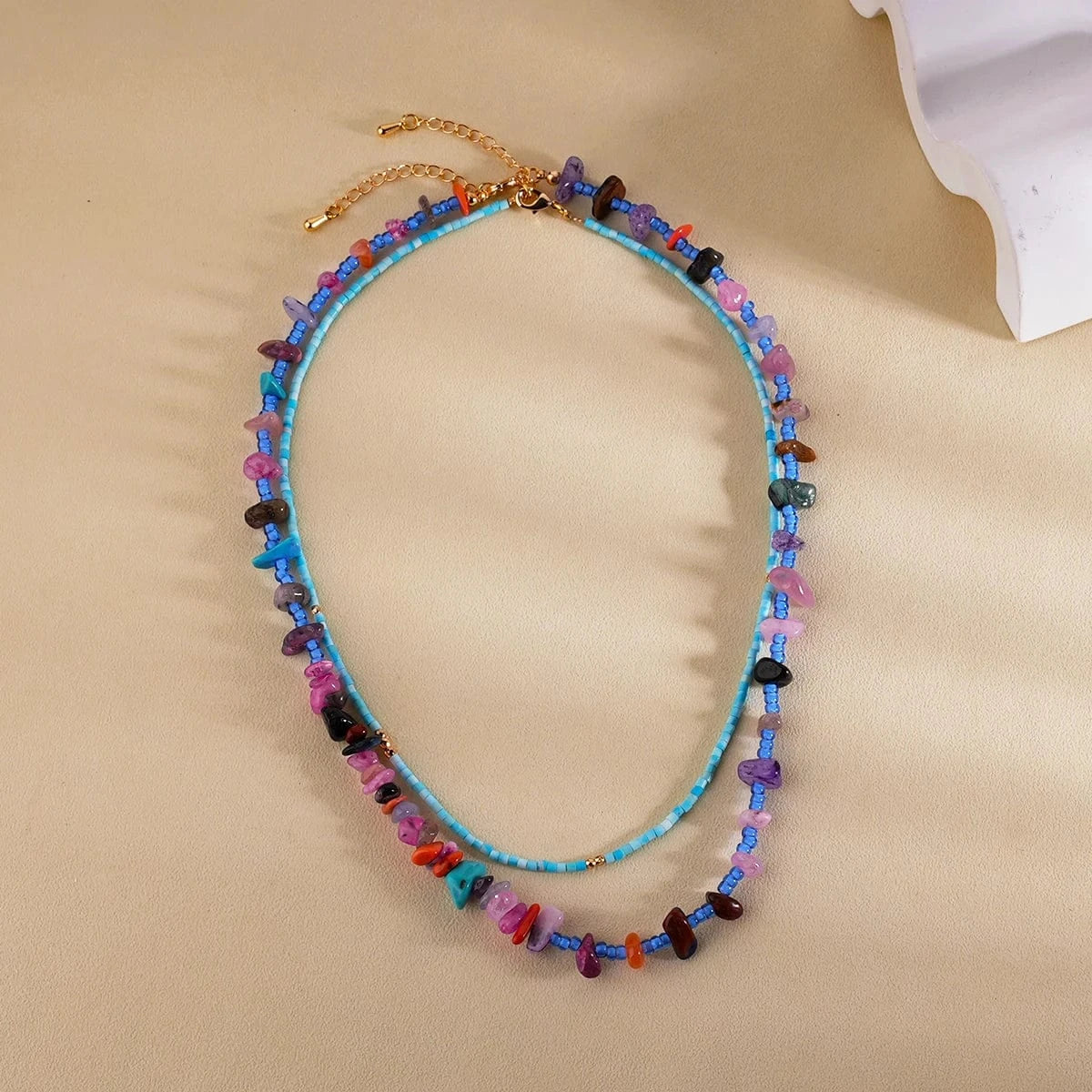 handmade colorful bohemian layers glass seed beads plastic beads stone chips beads charm multiple 2 layered necklace jewelry