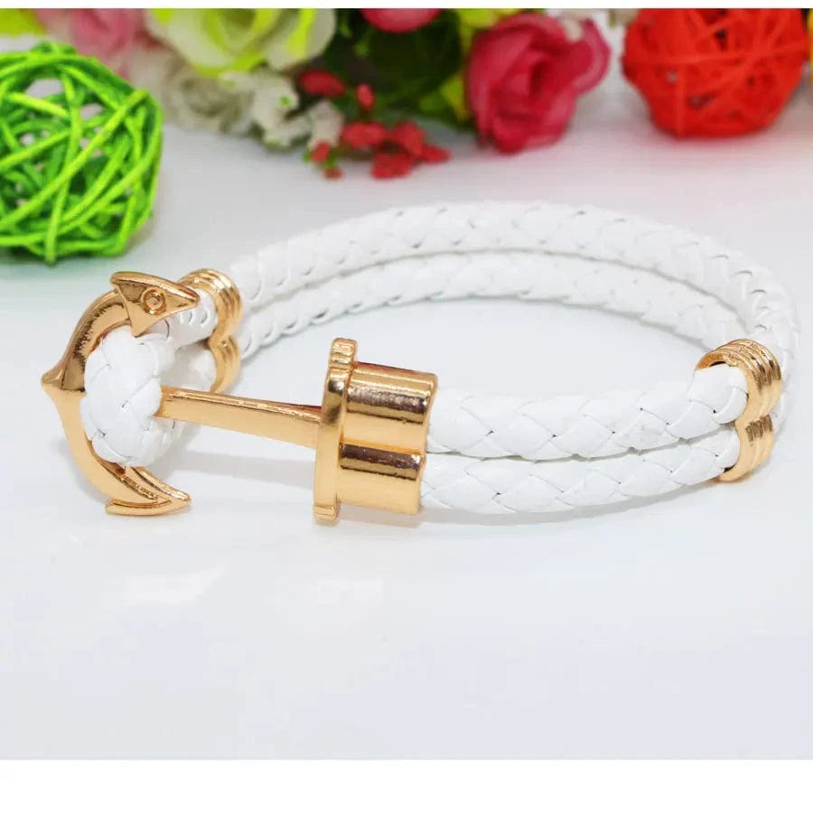 Handmade Customized DIY Woman Leather  Bracelets Anchor Rope Mens Couple Friendship Silver Gold Bracelets