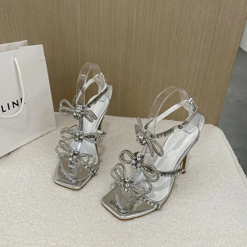 handmade diamond bow flower head high heel Roman sandals Hot Wholesale Shoes Women Sandals Sexy Crystal 10 Cm High Heels Ladies