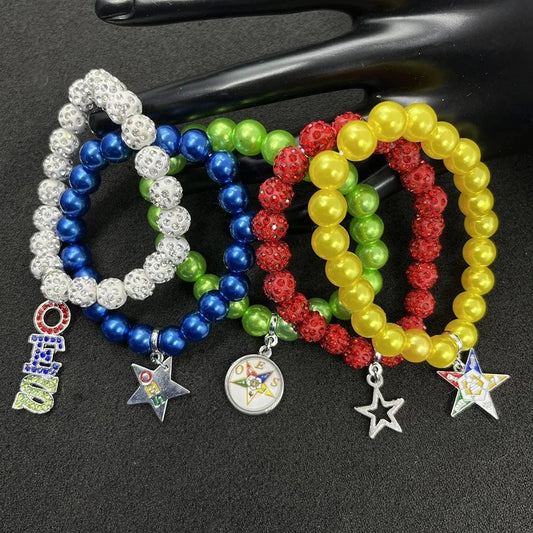 Handmade Red Blue White Gold Green Greek Sorority Order of Eastern Star OES Pearl Set Bracelets Neutral Jewelry Set