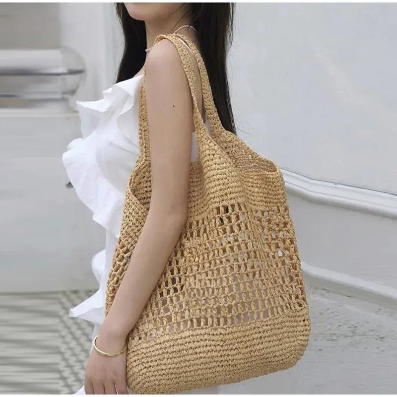 Handmade Straw Tote Bag Simple Versatile Y - shaped Fashion Shoulder Bag Women Holiday Dating Large Capacity Storage Bag - SN Wigs & More