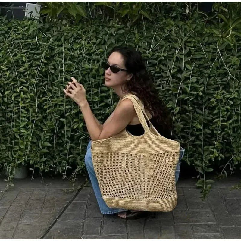 Handmade Straw Tote Bag Simple Versatile Y - shaped Fashion Shoulder Bag Women Holiday Dating Large Capacity Storage Bag - SN Wigs & More