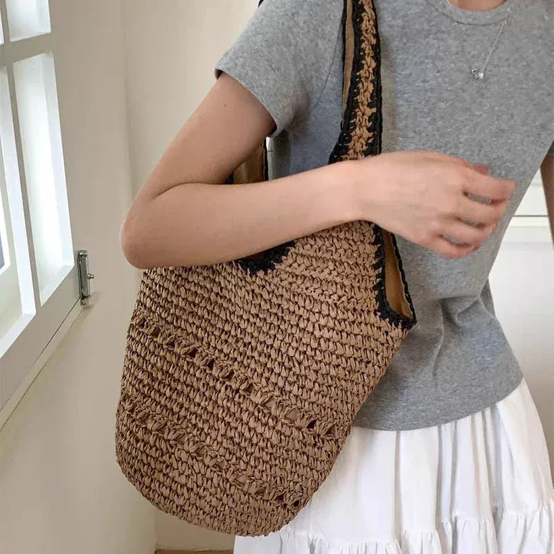 Handmade Straw Tote Bag Simple Versatile Y - shaped Fashion Shoulder Bag Women Holiday Dating Large Capacity Storage Bag - SN Wigs & More
