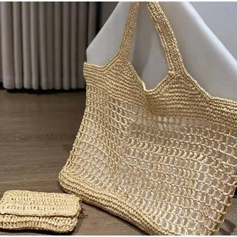 Handmade Straw Tote Bag Simple Versatile Y - shaped Fashion Shoulder Bag Women Holiday Dating Large Capacity Storage Bag - SN Wigs & More
