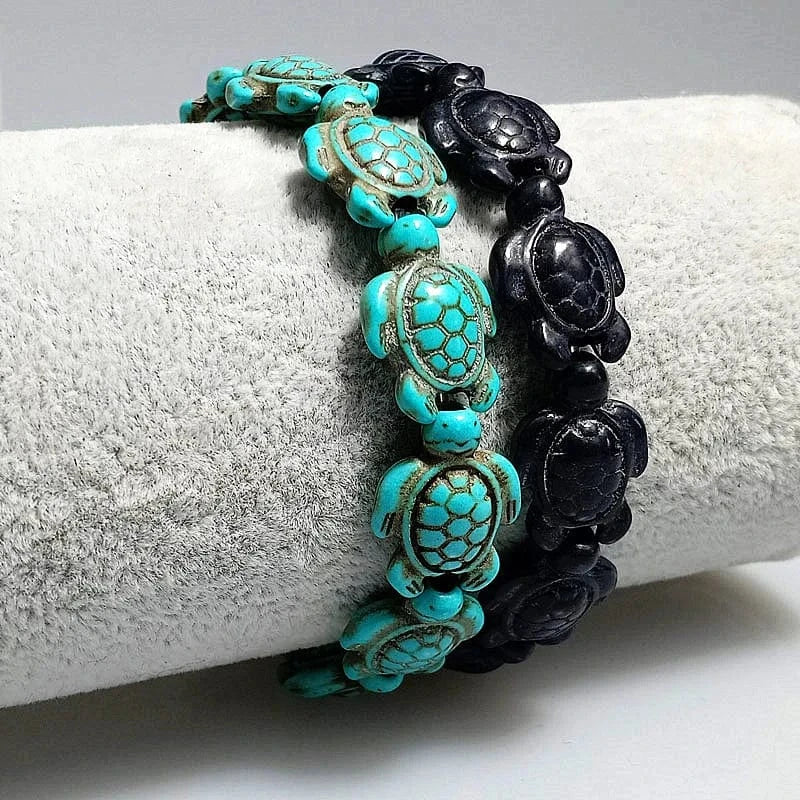 Hawaiian Blue Turquoise Sea Turtle Charm Bracelet Stretch Jewelry for Healing and Gifts Prosperous Turtle Legend
