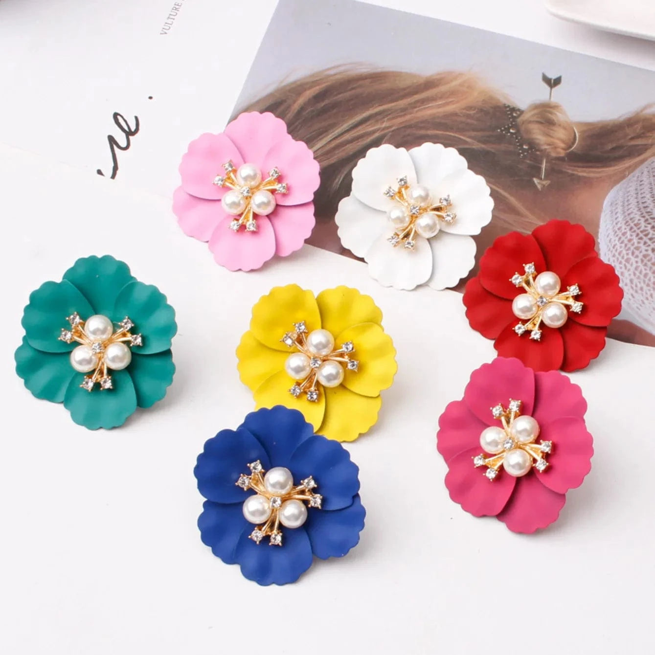 Hawaiian Gold Colorful Fashion Jewelry Earrings Cute Flower Pearl Earrings Red Floral Flower Pearl Drop Earring Stud For Women