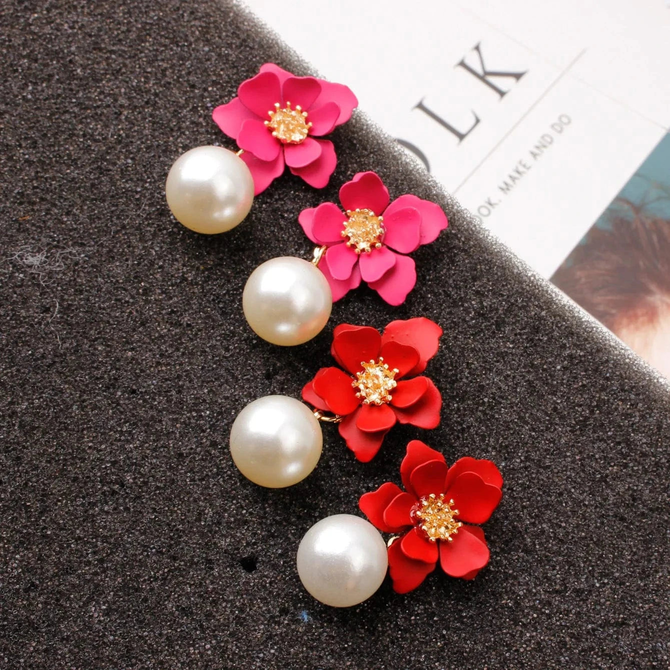 Hawaiian Gold Colorful Fashion Jewelry Earrings Cute Flower Pearl Earrings Red Floral Flower Pearl Drop Earring Stud For Women