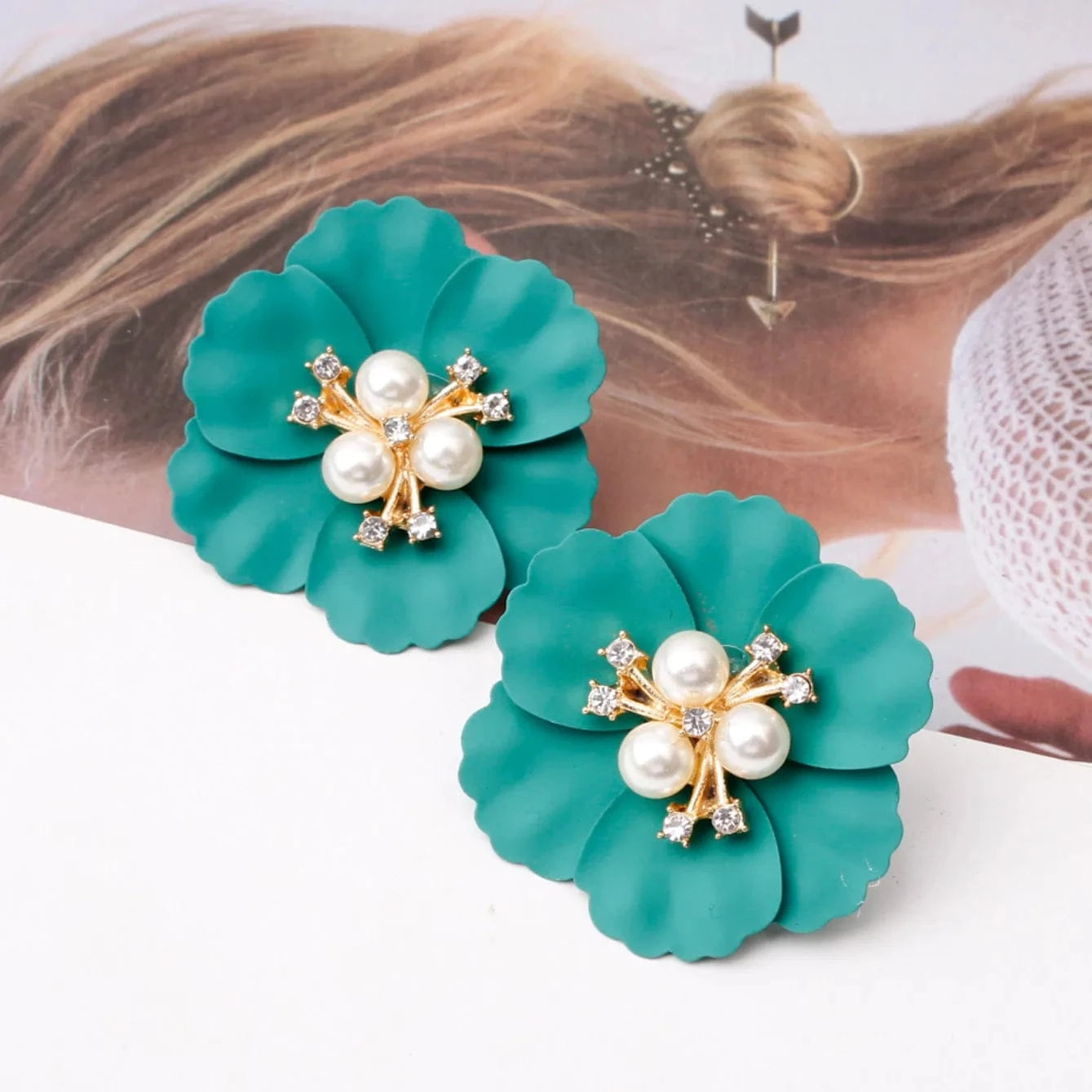 Hawaiian Gold Colorful Fashion Jewelry Earrings Cute Flower Pearl Earrings Red Floral Flower Pearl Drop Earring Stud For Women