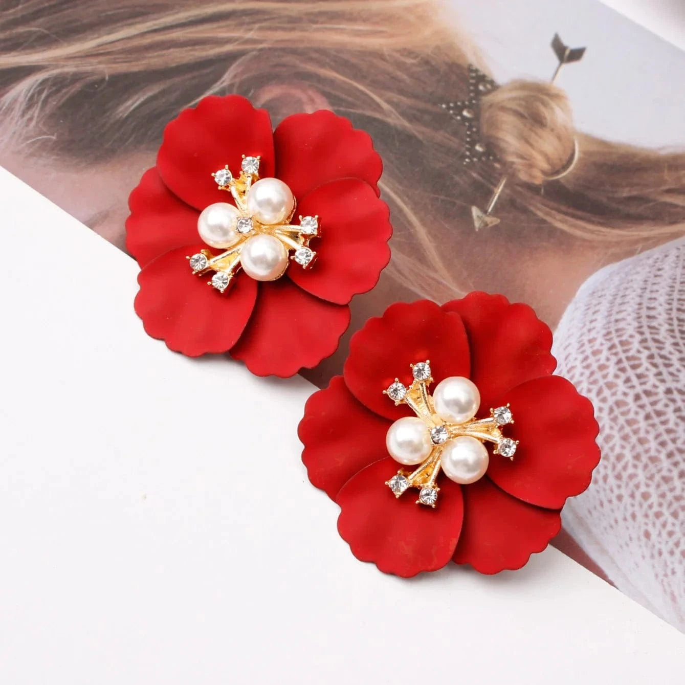 Hawaiian Gold Colorful Fashion Jewelry Earrings Cute Flower Pearl Earrings Red Floral Flower Pearl Drop Earring Stud For Women