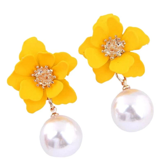Hawaiian Gold Colorful Fashion Jewelry Earrings Cute Flower Pearl Earrings Red Floral Flower Pearl Drop Earring Stud For Women