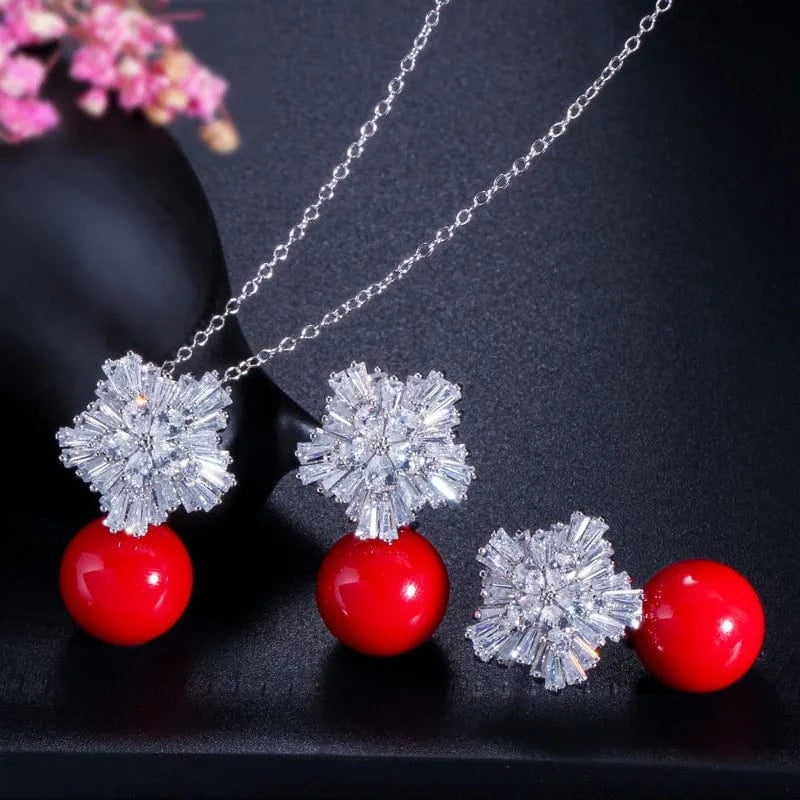 Hawaiian Jewelry Set Cubic Zirconia Flower Big Red Pearl CZ Crystal Pendant Necklace And Earrings For Women Best Friend Gift