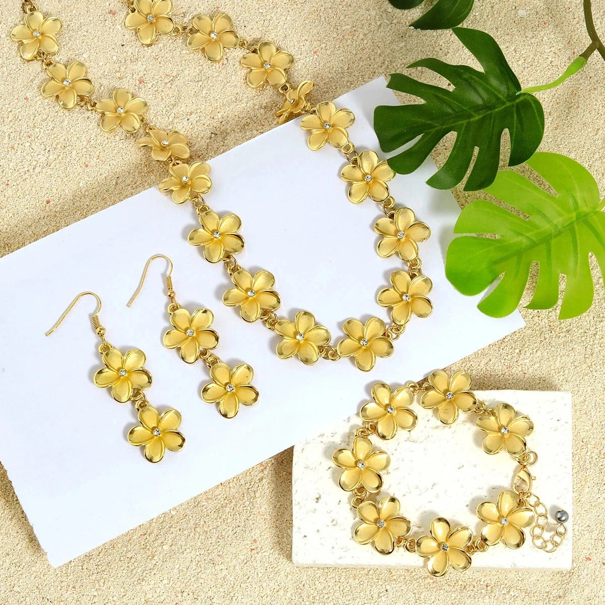 Hawaiian Samoa New Design Gold Plated  Plumeria necklace earring bracelet flowerJewelry Set Women