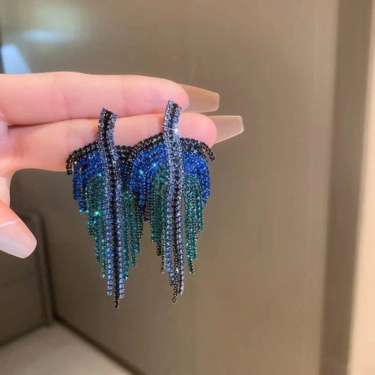 HE10823-1 Full Rhinestone Long Tassel Earrings Women Blue Color Fashion Geometric Drop Earring Statement Accessories Party Gifts