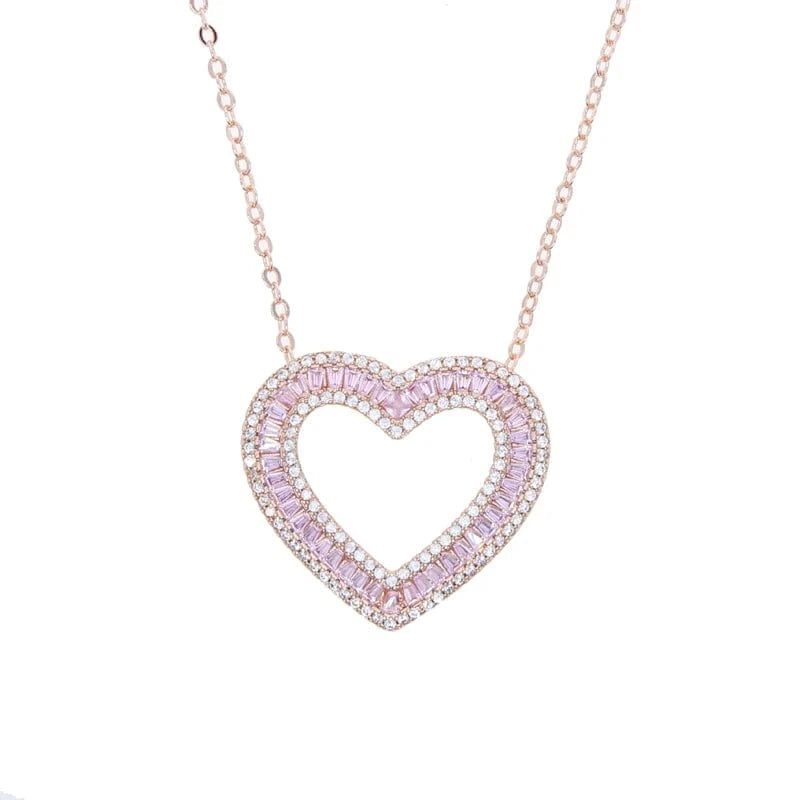 heart / 41+5cm / N031-Rose gold 2024 New Arrival Valentine's Day Gift Fashion Women Jewelry Micro Pave 5A Cubic Zirconia CZ Big Hollow Heart Pendant Necklace
