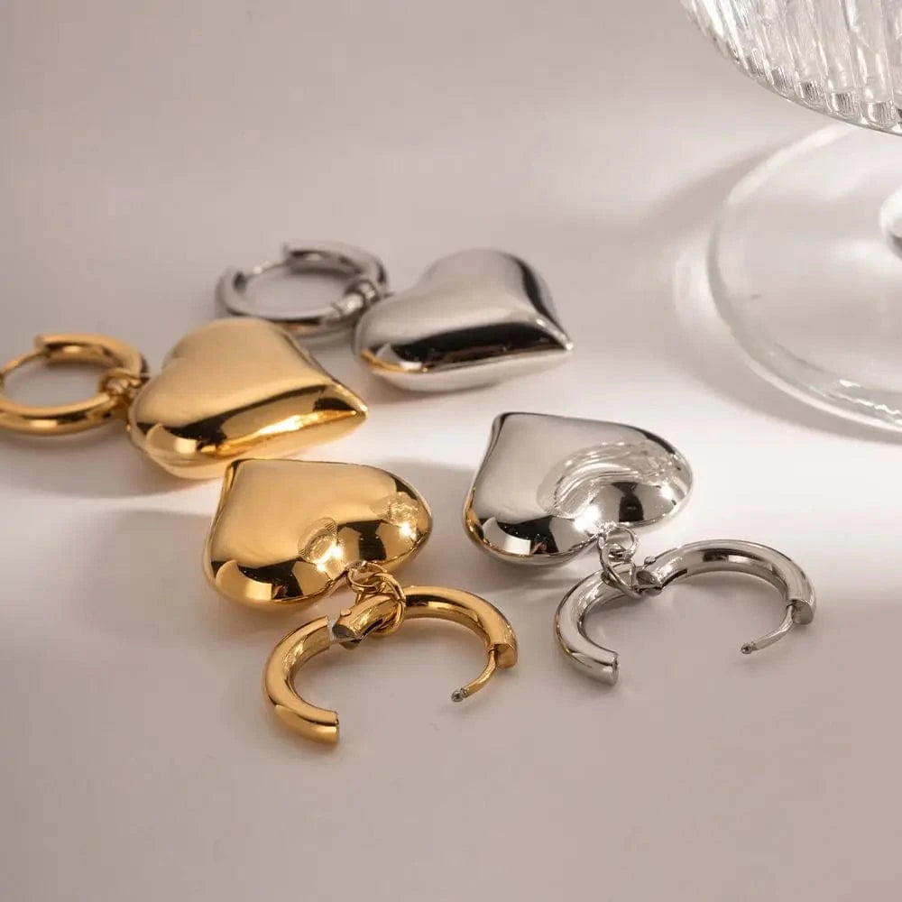 heart / E1844 E1844 18K Gold Plated Waterproof Stainless Steel Chunky Hoop Huggie Heart Shape Pendant Earring Women