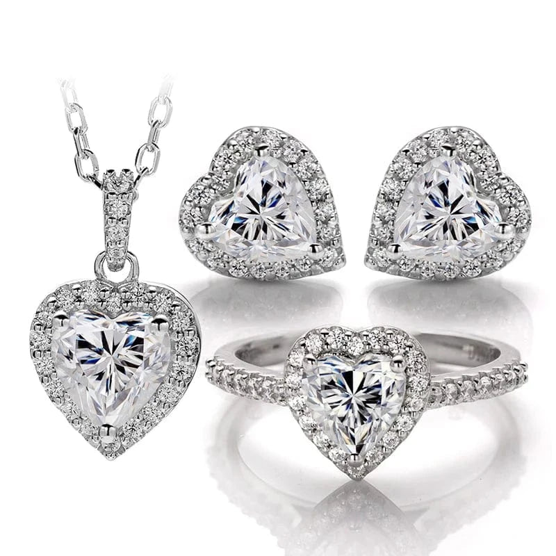 heart moissanite jewelry set 925 sterling woman earring necklace ring jewelry set fancy shape gold plated moissanite silver jewelry