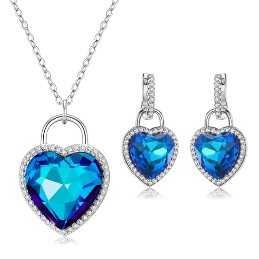Heart of the Ocean Necklace and Earring Set Real 925 Sterling Silver Women Jewelry with Sparkling Zircon for Lovers Anniversary