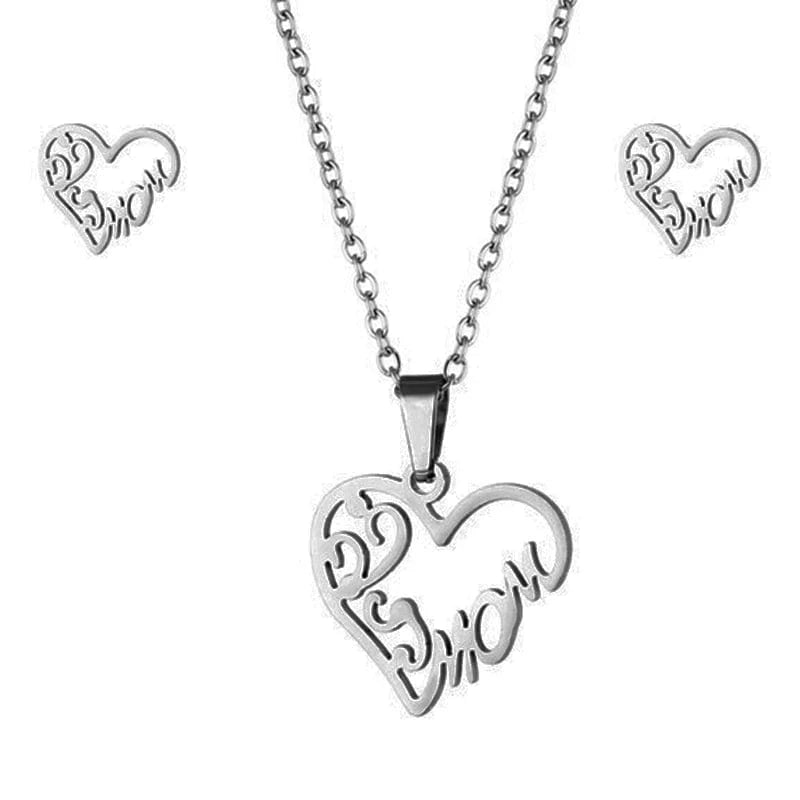 Heart / Silver European and American Heart Shaped MOM Letter Pendant Necklace Set Mother's Day Gift Elegant Design Jewelry for Women Chain