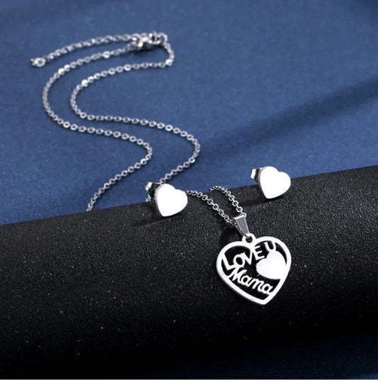 heart / Silver Heart Shaped Mother's Day Jewelry I love You Mom Fashion Love Ladies Necklace Stud Earrings Set