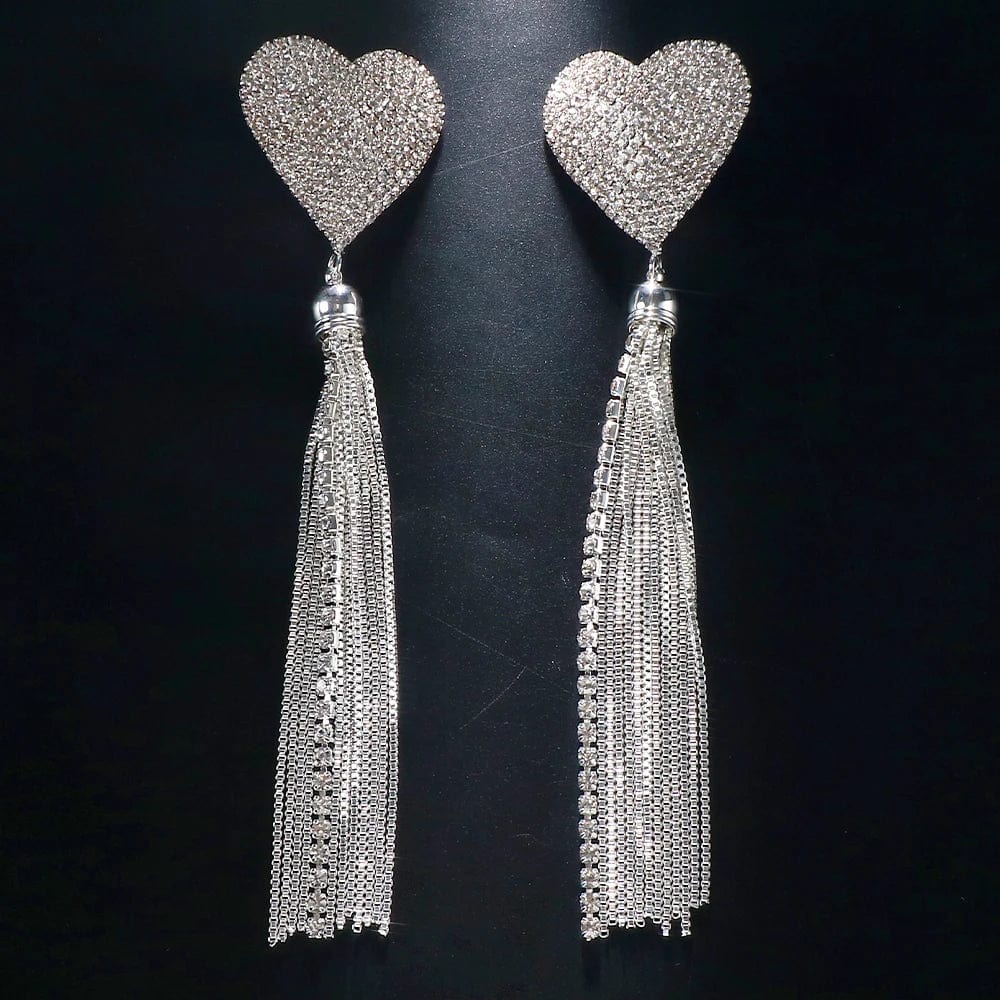Heart / silver Rhinestone Heart Long Tassel Earrings Luxury Wholesale Boho Tassel Earring Jewelry for Women