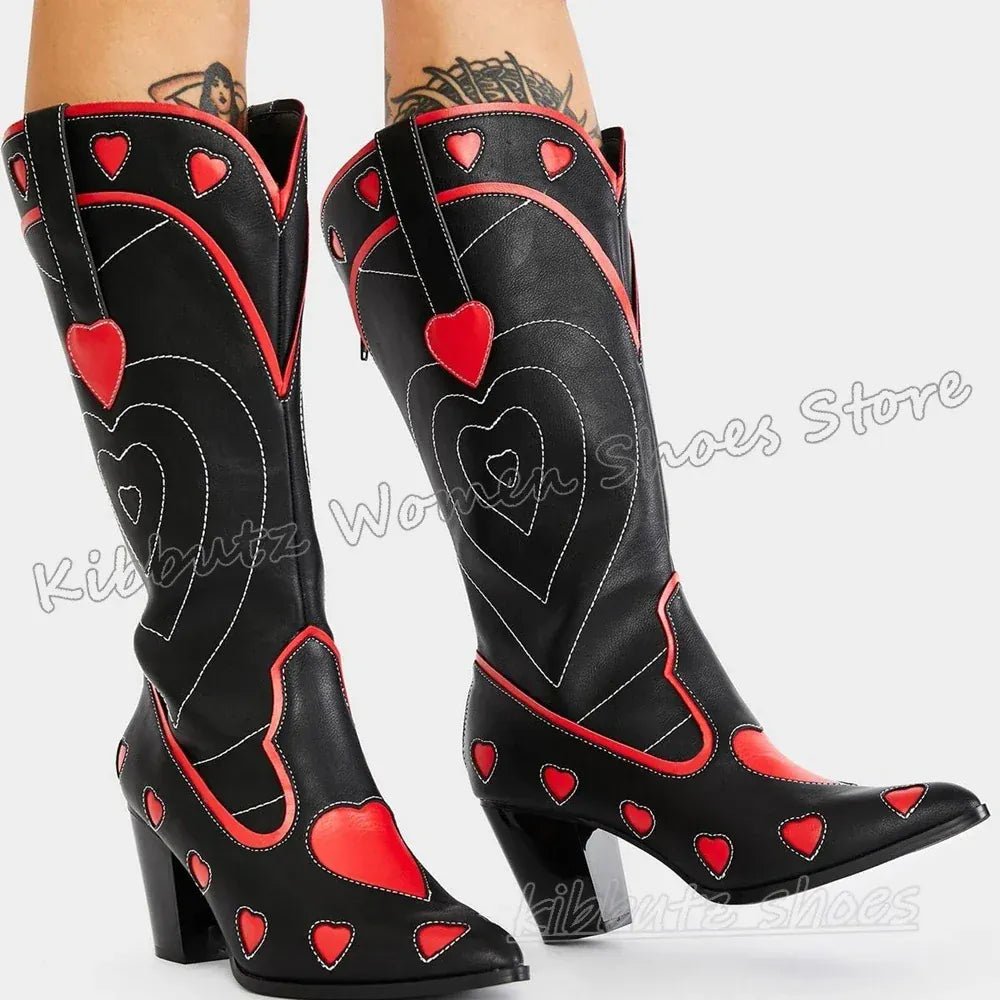 Hearts Cowboy Knee High Boots Slip - On Fashion Novelty Sexy Elegant Concise Novelty Leather Women Shoes Pointy Chunky Heels New - SN Wigs & More