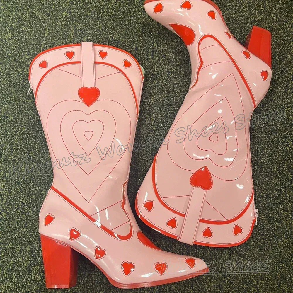 Hearts Cowboy Knee High Boots Slip - On Fashion Novelty Sexy Elegant Concise Novelty Leather Women Shoes Pointy Chunky Heels New - SN Wigs & More