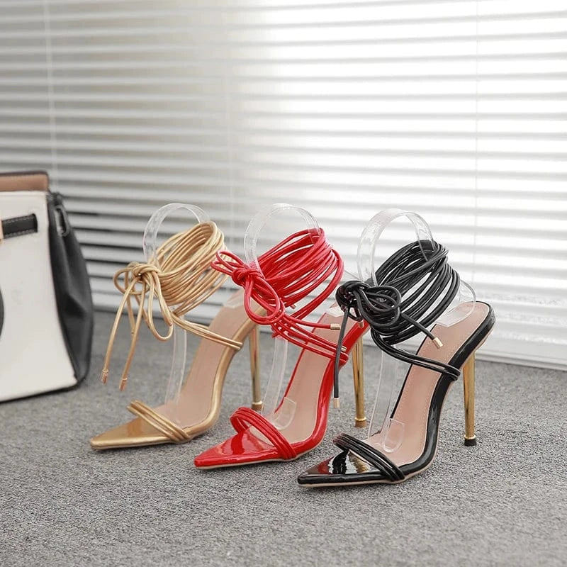 heeled sandals fashionable women sandals lace up pointed toes luxury gold heels christmas shoes