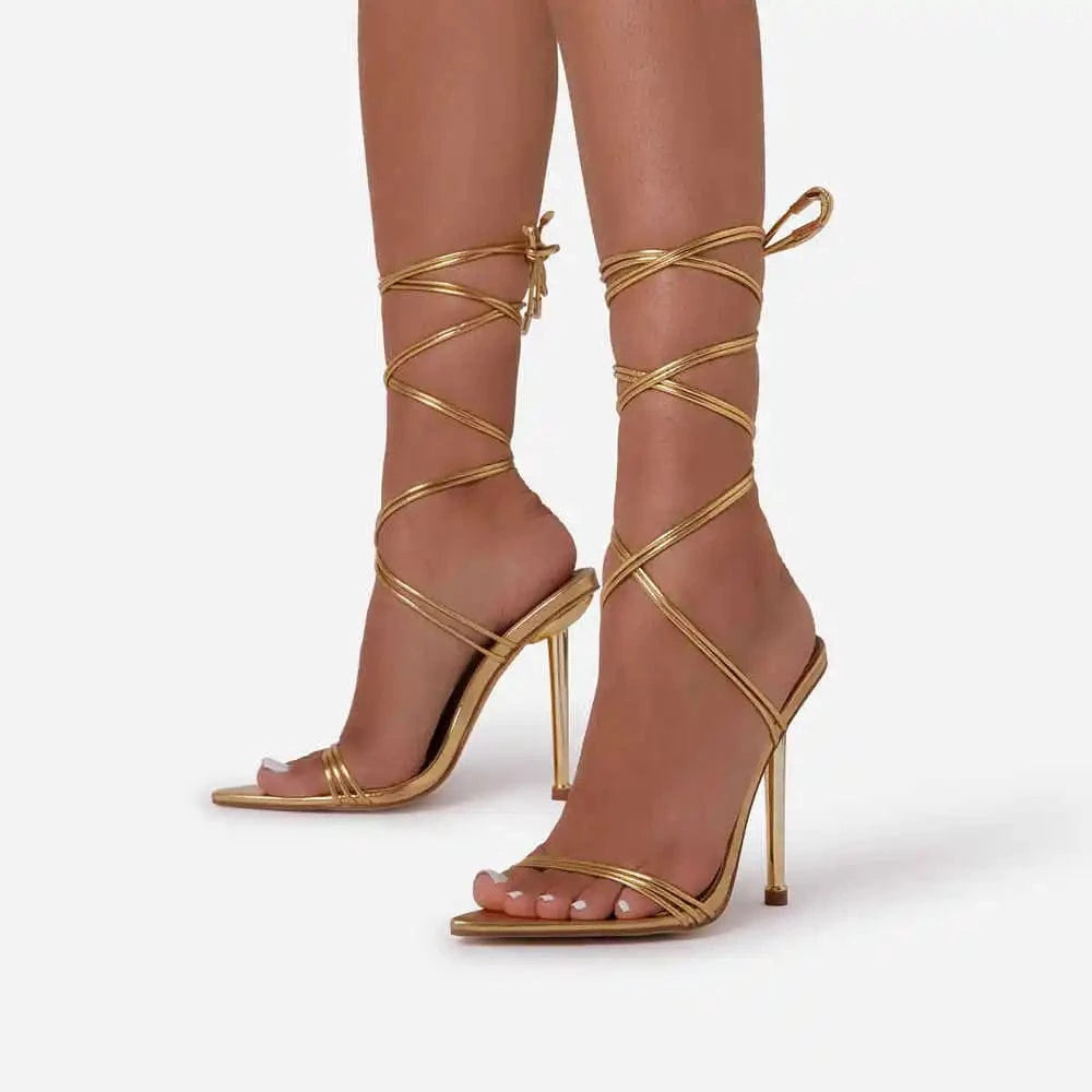 heeled sandals fashionable women sandals lace up pointed toes luxury gold heels christmas shoes